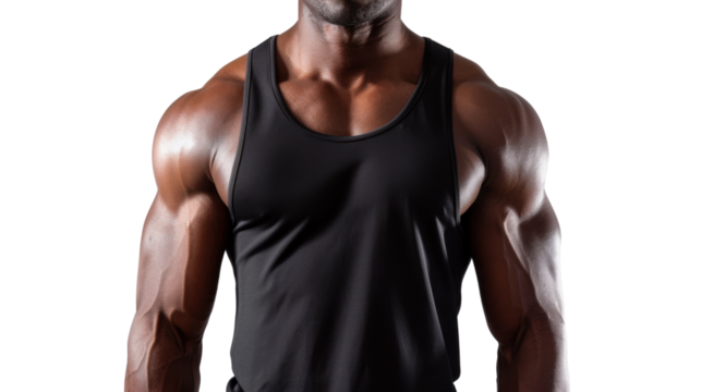 Muscular black athlete showing biceps on transparent background