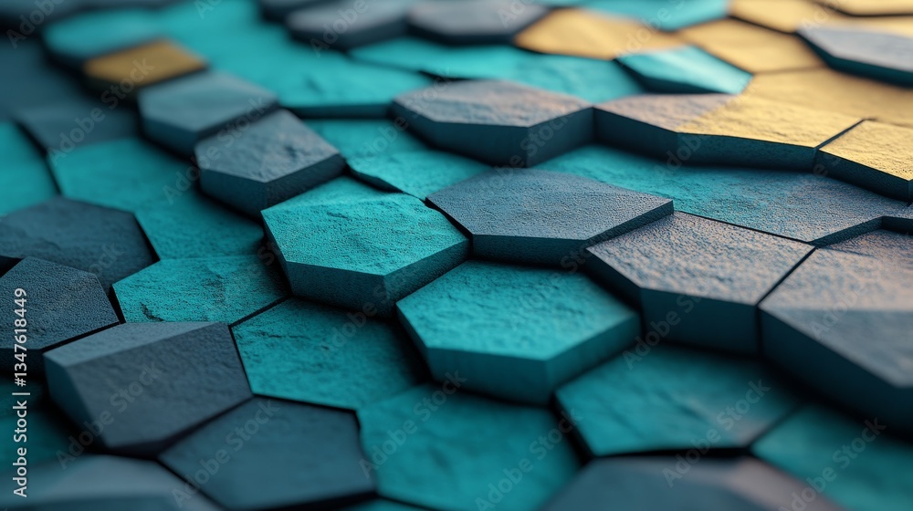 Poster illuminated blue surface in 3d with tetrahedrons, creating a modern neon background