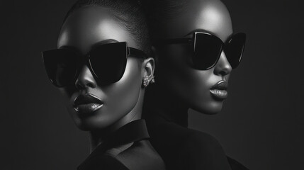 A stylish editorial portrait featuring two models in high-contrast black outfits, their sunglasses reflecting the soft light source