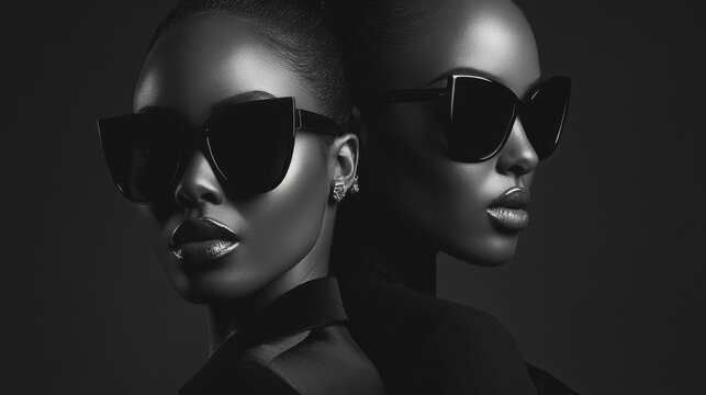 A stylish editorial portrait featuring two models in high-contrast black outfits, their sunglasses reflecting the soft light source