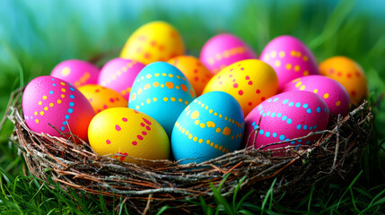 Colorful Easter Eggs in Nest: Spring Holiday Tradition