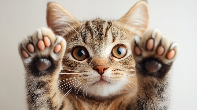 National Pet Day, Adorable Tabby Kitten with Polydactyly Paws Reaching Up Close Up