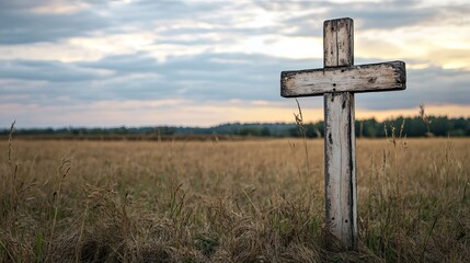 Wooden Christian Cross Standing in a Serene Field &ndash; A Symbol of Faith and Tranquility