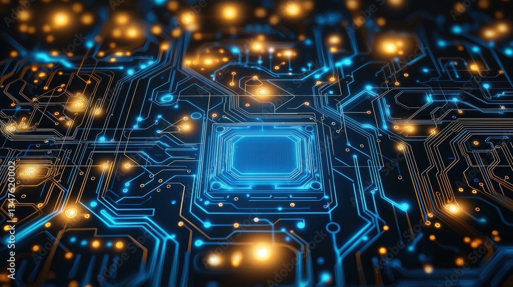 Aufkleber circuit board design with glowing blue and orange elements showcasing intricate electronic patterns 