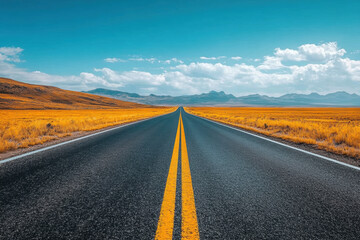 Long road stretching into distant mountains, highlighting vast natural beauty and sense of journey and adventure.