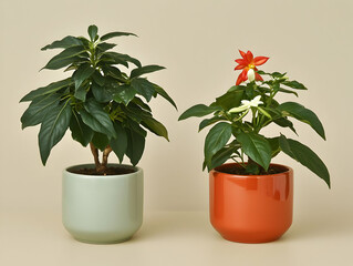 Fototapeta premium Two potted flowering plants, indoor studio shot, beige background, home decor