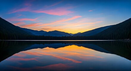 Naklejka premium A mountain lake reflecting a colorful sunset sky with gentle watercolor strokes, AI Generated