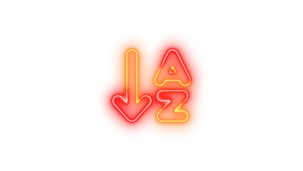 Neon arrow down a z symbol icon brown red color glowing with transparent background