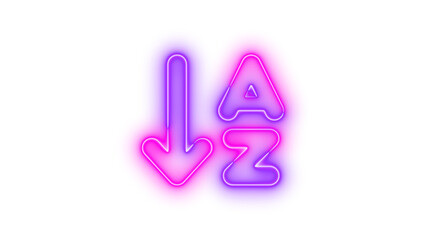 Neon arrow down a z symbol icon pink purple color glowing with transparent background