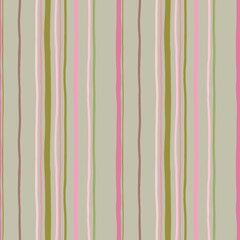 Seamless pattern of green, pink and brown irregular vertical wavy stripes in hand drawn style. Perfect for fabric, textile, wrapping, home decor, backdrop, wallpapers, wall hanging, scrapbooking 