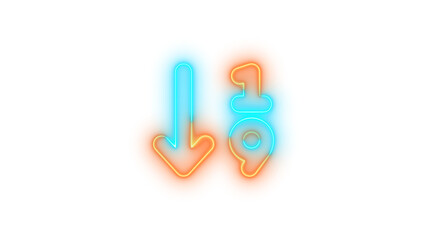 Neon arrow down 1 9 symbol icon brown cyan color glowing with transparent background