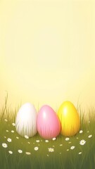 A painting of three colored eggs in a grassy field.