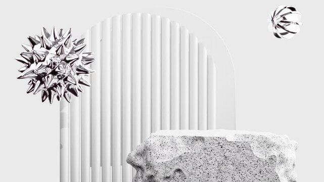 Clean, minimalist animation featuring a white ribbed arch, a textured stone podium, and subtly animated metallic decorative elements. Perfect for website headers, hero sections, or background video