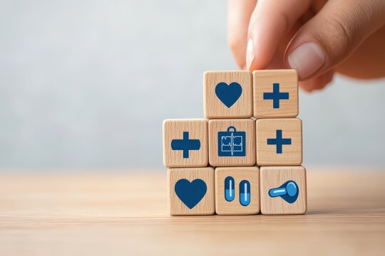 Wooden cubes with blue medical icons being arranged by hand on soft beige background for healthcare management and wellness inspiration