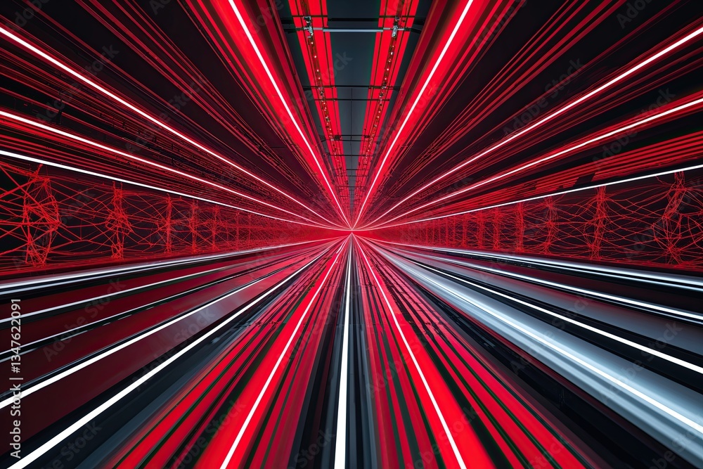 Poster vibrant red tapestry design with intersecting lines for contemporary technology visualization
