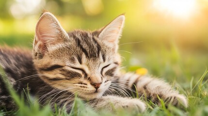 Fototapeta premium National Pet Day, Adorable Tabby Kitten Sleeping Peacefully in Sunny Grass