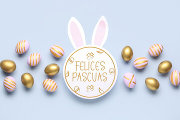 Festive banner for Easter celebration with text FELICES PASCUAS (Spanish for Christ is risen) on light blue background