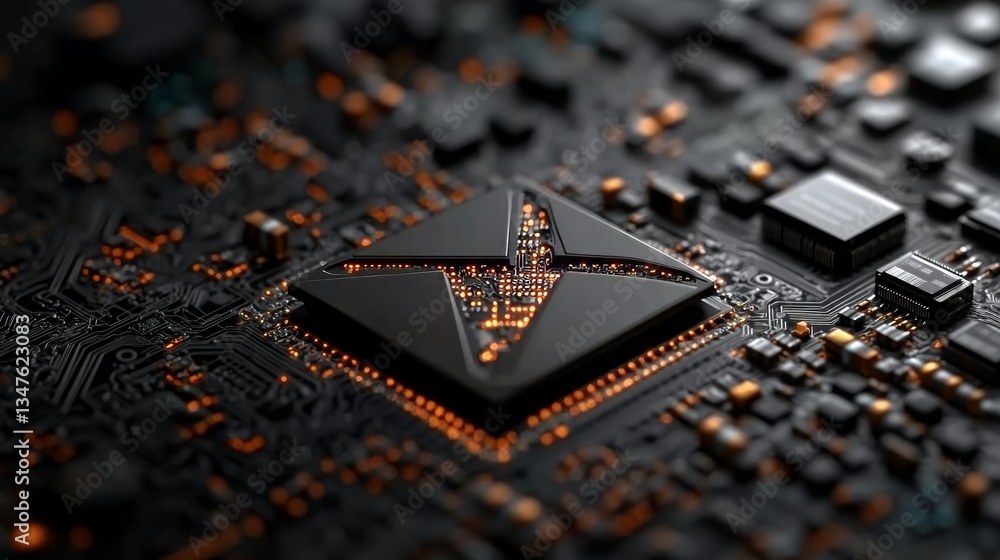 Aufkleber in a 3d render, a futuristic motherboard showcases email technology with an envelope symbol on a mic