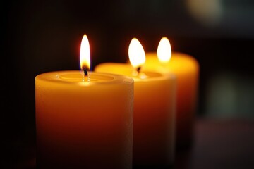 Close-up photography of three candles with soft yellow flames against a dark background capturing a serene still-life scene with rich chiaroscuro and warm golden hues for a meditative ambiance