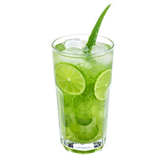A refreshing aloe vera and lime cocktail in a clear glass with ice, isolated on a transparent background.