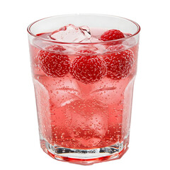 A refreshing raspberry cocktail with ice cubes in a clear glass, isolated on a transparent background.