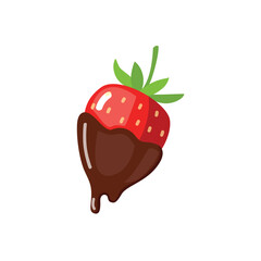 Vector illustration of a juicy strawberry dipped in rich chocolate. A delicious and sweet dessert with glossy glaze and dripping effect. Perfect for food designs, packaging, and menus.