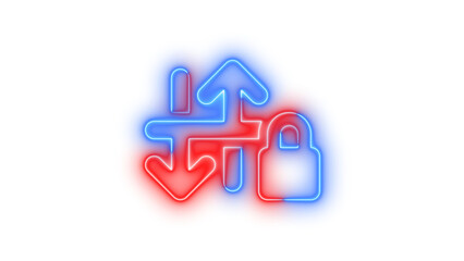 Neon arrow down up lock symbol icon blue red color glowing with transparent background
