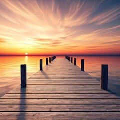 Fototapeta premium A peaceful pier extending into a watercolor-painted sunset sea, AI Generated