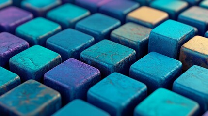 Fototapeta premium A contemporary tech background is showcased in this 3D render, where a neatly arranged multisized block wall in blue and turquoise is the focal point