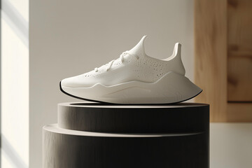 Minimalist white sneaker on display stand with soft lighting. Modern sports shoe design for advertising, branding, and fashion campaigns. Stylish footwear concept on a neutral background