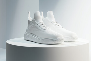 All-white sneakers displayed on a minimalist stand. Modern fashion footwear, trendy sports shoes, and clean design concept for branding and advertising