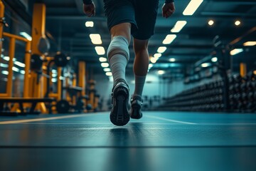 Fototapeta premium Amputee Athlete with Prosthetic Leg Walking in Gym, Focus on Sports Technology