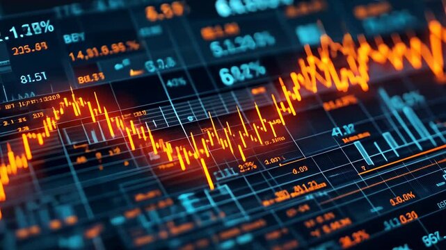 Dynamic Stock Market Data Visualization: Orange and Blue Stock Chart on Digital Screen