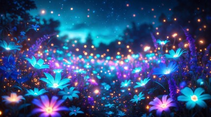 Magical Glowing Flowers Night Field Fantasy Art