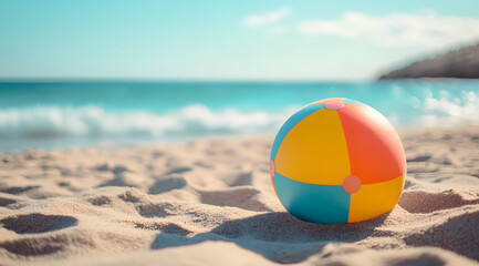 Obraz premium Colorful beach ball on sandy shore with ocean waves in blur background. Summer vacation and travel concept. Coastal fun and leisure theme with copy space