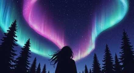 Silhouette of person watching aurora borealis over forest with starry night sky above it all