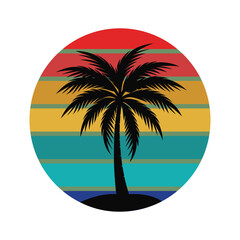  Retro vintage sunset background with palm tree silhouette.