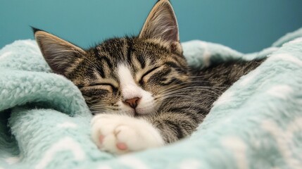 National Pet Day, Adorable Kitten Sleeping Peacefully Under a Soft Teal Blanket