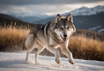 Fototapeta premium Saarloos Wolfdog running in the countryside, dog in the nature, doggy playing in a snowy meadown, in the winter, with sky and snow on the grass and on the soil
