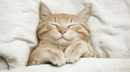 National Pet Day, Adorable Ginger Kitten Sleeping Peacefully on Soft White Bedding Sweet Dreams
