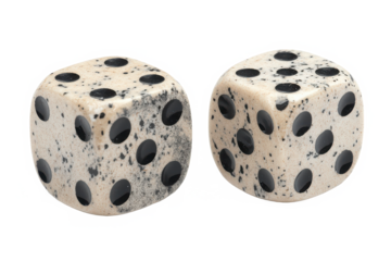 A pair of speckled dice, creamy beige with bold black dots, poised for a roll, a silent promise of chance and fate against a stark white background.