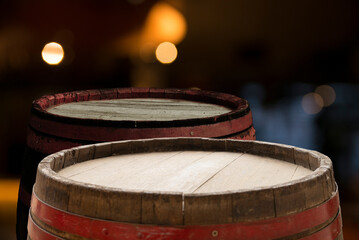background of barrel and worn old table of wood. High quality photo. High quality photo