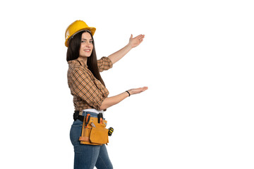 Female Construction Worker Presenting with Open Hands