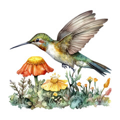 Watercolor illustration of a hummingbird in flight hovering over colorful wildflowers for nature inspired and artistic designs