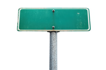 A weathered green road sign stands silently, a blank canvas for untold stories and journeys yet to be charted, a rusted metal post holding its silent promise against a clear sky.