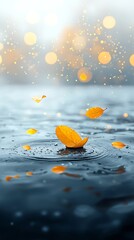 Autumn leaves fall on water.