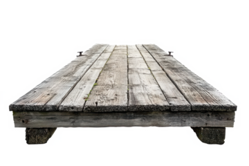 A weathered wooden dock extending into the unknown, promising adventure and solitude, with a stark white background and simple composition.