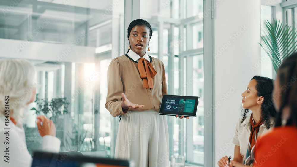 Poster collaboration, meeting and women with tablet, business and robotic process automation or screen. boa