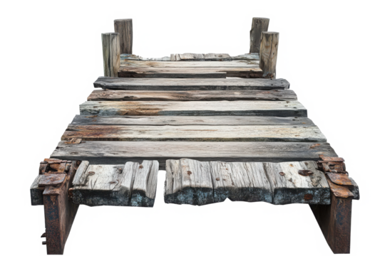 A weathered wooden walkway, a forgotten path leading to nowhere, showcasing the passage of time and the quiet beauty of decay with a stark white background.
