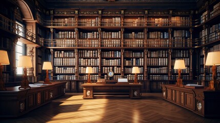 A photo of a legal library with rows of legal books.
